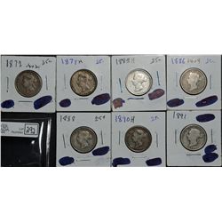 25 Cents 1872H Obv 2 VG-8, 1874H F-15, 1883H G-6, 1886 Obv 4 G-6, 1888 VG-8, 1890H VG-8, 1891 G-6. L