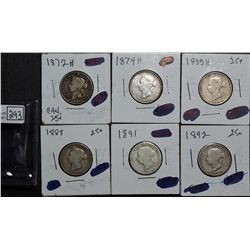 25 Cents 1872H Obv 2 VG-8, 1874H F-12, 1883H VG-8, 1888 VG-8, 1891 AG-3, 1892 G-6. Lot of 6 coins.