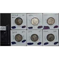 25 Cents 1872H Obv 2 VG-8, 1891 G-4, 1892 VG-10, 1894, VG-8, 1899 VG-10, 1900 VG-8. Lot of 6 coins.