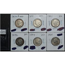 25 Cents 1872H Obv 2 VG-10, 1891 AG-3, 1891 G-4, 1892, VG-8, 1894, VG-8, 1901 VG-8. Lot of 6 coins.