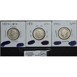 25 Cents 1872H Obv 2 VG-8, 1891 AG-2, 1891 AG-2. Lot of 3 coins.