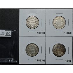 25 Cents 1881H VG-8, 1882H VG-10, 1883H VG-8, 1885 Curved Top 5 G-4. Lot of 4 coins.