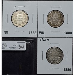 25 Cents 1888 N8 F-12, 1888 W8 VG-8 & 1889 Open 9 G-6. Lot of 3 coins.