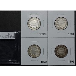 25 Cents 1890H VG-10, 1891 AG-3, 1892 VG-8, 1893 G-6. Lot of 4 coins.