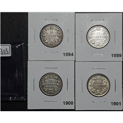 25 Cents 1894 VG-8, 1899 VF-30, 1900 VG-8, 1901 VF-30. Lot of 4 coins.