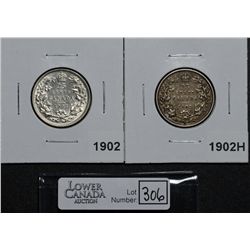 25 Cents 1902 VF-20 & 1902H VF-20. Lot of 2 coins.