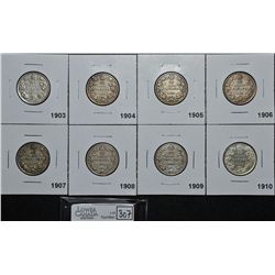 25 Cents 1903 F-12 Corrosion & Cleaned, 1904 VG-8, 1905 VG-8, 1906 LC F-12, 1907 VF-20, 1908 VG-8, 1