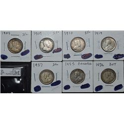 25 Cents 1909 VG-8, 1909 F-15, 1910 VF-20, 1919 VF-30, 1927 VG-8, 1935 VF-20, 1936 Dot VG-8. Lot of 
