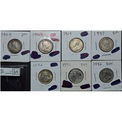 25 Cents 1909 VG-8, 1909 F-12, 1919 VF-20, 1927 VG-8, 1936 VF-20, 1936 Dot G-6 Cleaned, 1936 Dot VG-