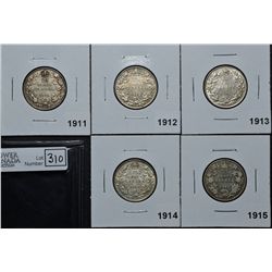 25 Cents 1911 F-15, 1912 VF-20, 1913 EF-40, 1914 VF-20, 1915 VG-8. Lot of 5 coins.