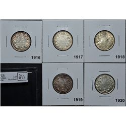 25 Cents 1916 VF-20, 1917 VF-20, 1918 VF-20, 1919 VF-20 & 1920 VF-20 Cleaned. Lot of 5 coins.