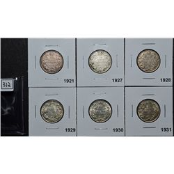 25 Cents 1921 F-12, 1927 F-12 Cleaned, 1928 VF-20, 1929 VF-20, 1930 VF-30 & 1931 VF-20. Lot of 6 coi