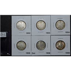 25 Cents 1932 VF-20, 1933 VF-20, 1934 VF-20, 1935 VF-20, 1936 VF-20 & 1936 Dot VG-10. Lot of 6 coins