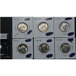 25 Cents 1937 MS-60, 1938 AU-50, 1941 AU-50, 1947 MS-60, 1948 AU-50, 1948 AU-55. Lot of 6 coins.
