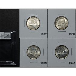 25 Cents 1937 MS-60, 1938 AU-50, 1939 EF-45, 1940 MS-60. Lot of 4 coins.