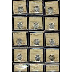 25 Cents 1940(3), 1942(3) & 1943(9), all ICCS MS-62. Lot of 15 coins.