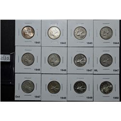 25 Cents 1941 AU-50, 1942 VG-8, 1943 VG-8, 1944 F-12, 1945 VG-8, 1946 VG-8, 1947 EF-40, 1947 ML F-12