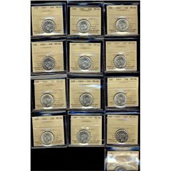 25 Cents 1942(2), 1943(10) & 1948, all ICCS MS-60. Lot of 13 coins.