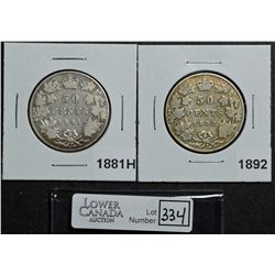 50 Cents 1881H VG-8 & 1892 Obverse 4 VG-8. Lot of 2 coins.