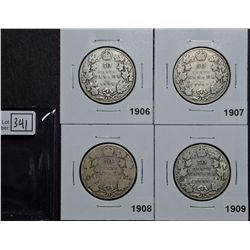 50 Cents 1906 VG-8, 1907 VG-8, 1908 AG-3, 1909 VG-8. Lot of 4 coins.