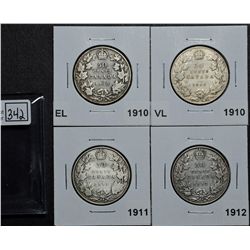 50 Cents 1910 EL VG-8, 1910 VL VG-8, 1911 VG-8, 1912 VG-10. Lot of 4 coins.