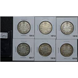 50 Cents 1913 VG-8, 1914 VG-8, 1916 VG-8, 1917 VG-10, 1918 VF-20, 1919 VF-20. Lot of 6 coins.