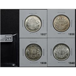 50 Cents 1937 MS-62, 1938 VF-20, 1939 EF-40 & 1940 MS-60. Lot of 4 coins.