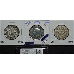 50 Cents 1943 ND AU-55, 1946 WD EF-40 Obverse Polished, 1951 WD  VF-20. Lot of 3 coins.