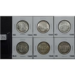 50 Cents 1944 ND AU-50, 1944 WD MS-60, 1945 ND VF-30, 1945 WD B5 VF-30, 1946 WD VF-30 & 1946 ND Hoof