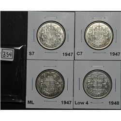 50 Cents 1947 S7 VF-20, 1947 C7R VF-30, 1947 ML S7 F-12 & 1948 ND VF-20. Lot of 4 coins.