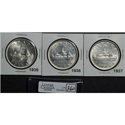1 Dollar 1935 MS-63, 1936 MS-62, 1937 MS-62. Lot of 3 coins.