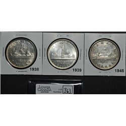 1 Dollar 1938 EF-40. 1939 MS-62, 1945 VF-30 lightly cleaned. Lot of 3 coins.