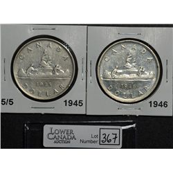 1 Dollar 1945 F-15 5/5, 1946 AU-50 SWL. Lot of 2 coins.
