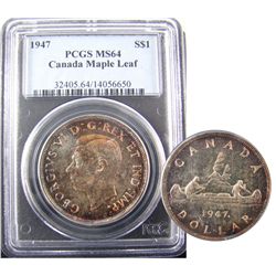 1 Dollar 1947, PCGS MS-64; Maple Leaf. Lightly toned. A nice example.