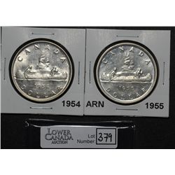 1 Dollar 1954 SWL MS-62, 1955 SWL  AU-50. Lot of 2 coins.