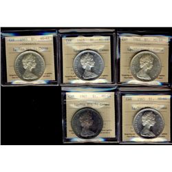 1 Dollar 1965, ICCS MS-64; Large Beads Blunt 5. Lot of 5 coins.