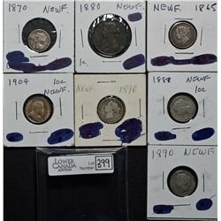 Newfoundland; 1 Cent 1880 W0 VF-20. 5 Cents 1870 G-4 Bent, 10 Cents 1865 F-12, 1888 VG-8, 1890 VG-8,