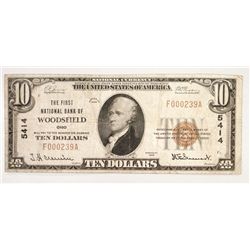 1929 $10 FIRST NATIONAL BANK WOODSFIELD, OHIO FINE