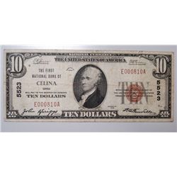1929 $10 NOTE FIRST NATIONAL BANK OF CELINA OH VG-F
