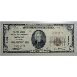 1929 $20 NATIONAL BANK NOTE FIRST NATIONAL BANK ROSCOE