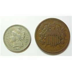 2 OBSOLETE TYPE COINS- 1864 2 CENT, & 1869 3 CENT NICKEL