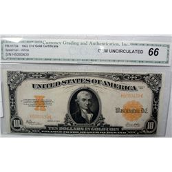 1922 $10.00 GOLD CERTIFICATE FR. 1173A CGA66 SUPERB NOTE, GREAT COLORS!