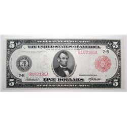 1914 FIVE DOLLAR FEDERAL RESERVE NOTE RED SEAL AU/UNC