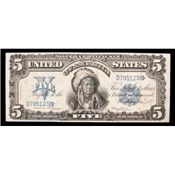 1899 $5.00 SILVER CERTIFICATE, INDIAN CHIEF, AU NICE