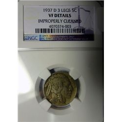 1937D 3 leg Buffalo nickel  NGC VF cleaned