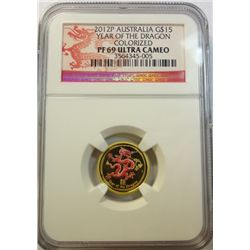 2012 $15  1/10 th oz. Australia Dragon Gold  NGC PF69