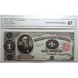 1891 $1 TREASURY NOTE CGA 67 SPECTACULAR