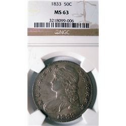 1833 BUST HALF DOLLAR NGC MS63 100% ORIGINAL,SUPER STRIKE, GREAT COLORS!