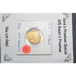 1874 Indian Princess $3 Gold Coin w/ding, VF+ Details  **CeCe's Premium Special 10% Buyer's Premium-
