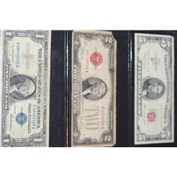 1957 US Silver Certificate $1, Blue Seal, #C28455125A 1928-F United States Note $2, Red Seal, #D5859